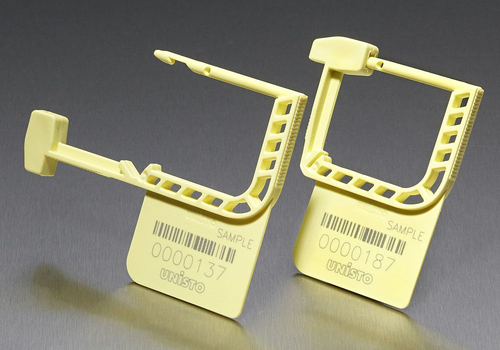 Unisto Jusloc 2 padlock-type security seal open and closed