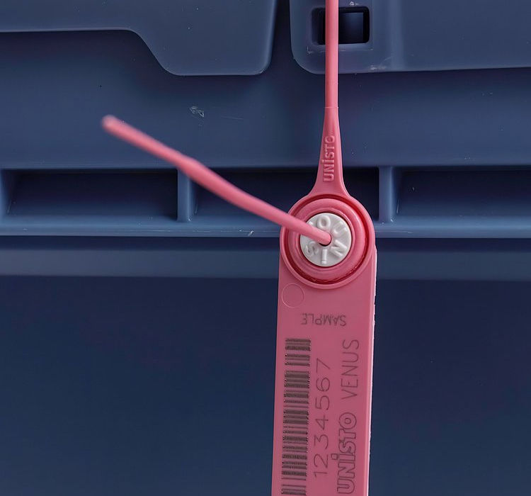 Unisto Venus tamper-evident security seal applied to a plastic box
