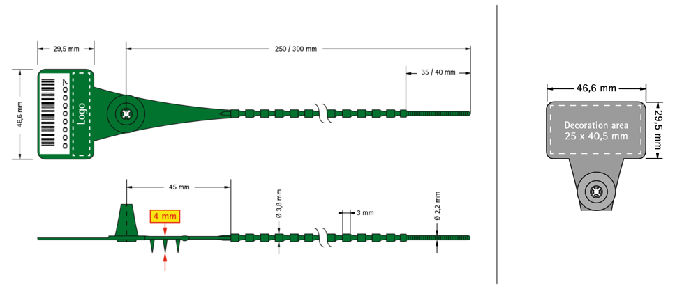 Unisto Modular pull-tight security seal with dimensions