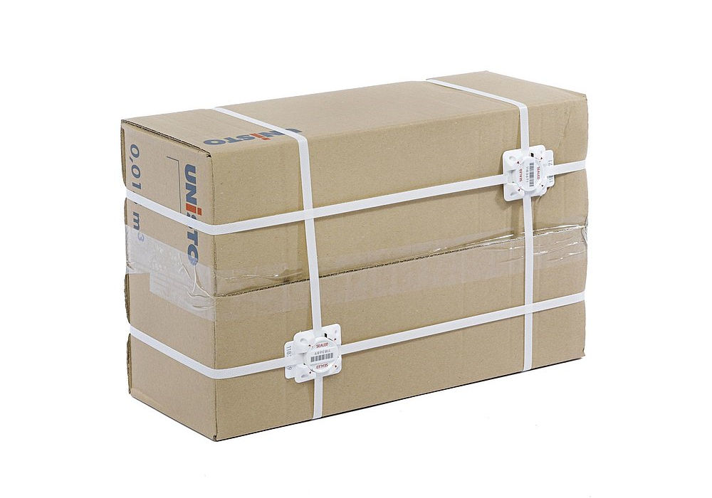 Unisto Straplock F7115 security seal applied to a package